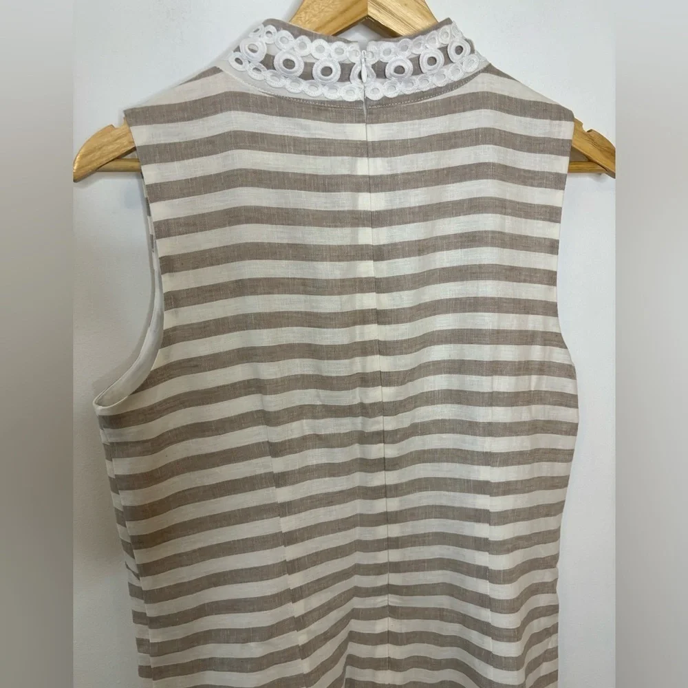 Eliza J Tan And White Striped Linen Shift White Crochet Trim
